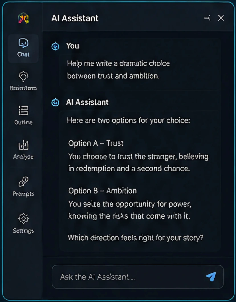 AI Assistant chat interface in Novella Forge.