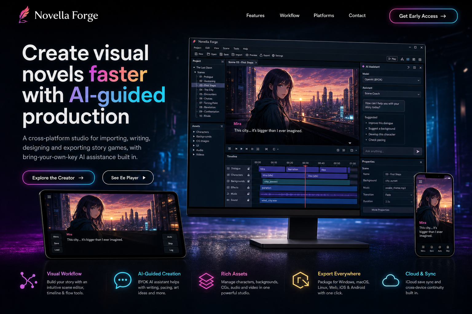 Novella Forge creator studio running on desktop, tablet and phone, showing a cinematic visual novel scene.